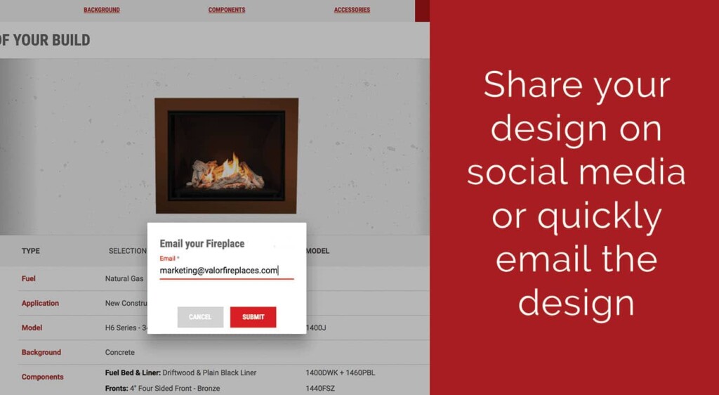 Valor Fireplace Design Center - Image of sharing options in building interface