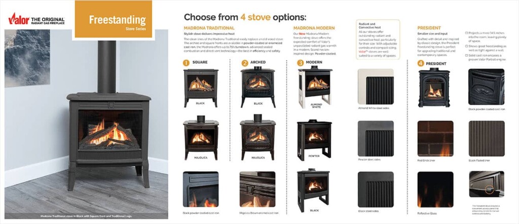 Valor Fireplace free standing brochure catalogue